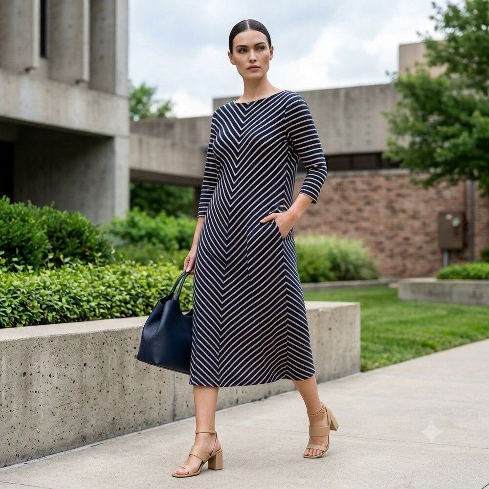 J. Jill Navy Caramel Chevron Striped Long Sleeve Midi Swing Dress XL TallStretch